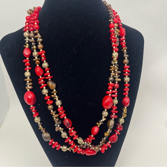 VTG 3 Strand Stone Beaded Red Brown Gold Tone - Picture 1 of 7